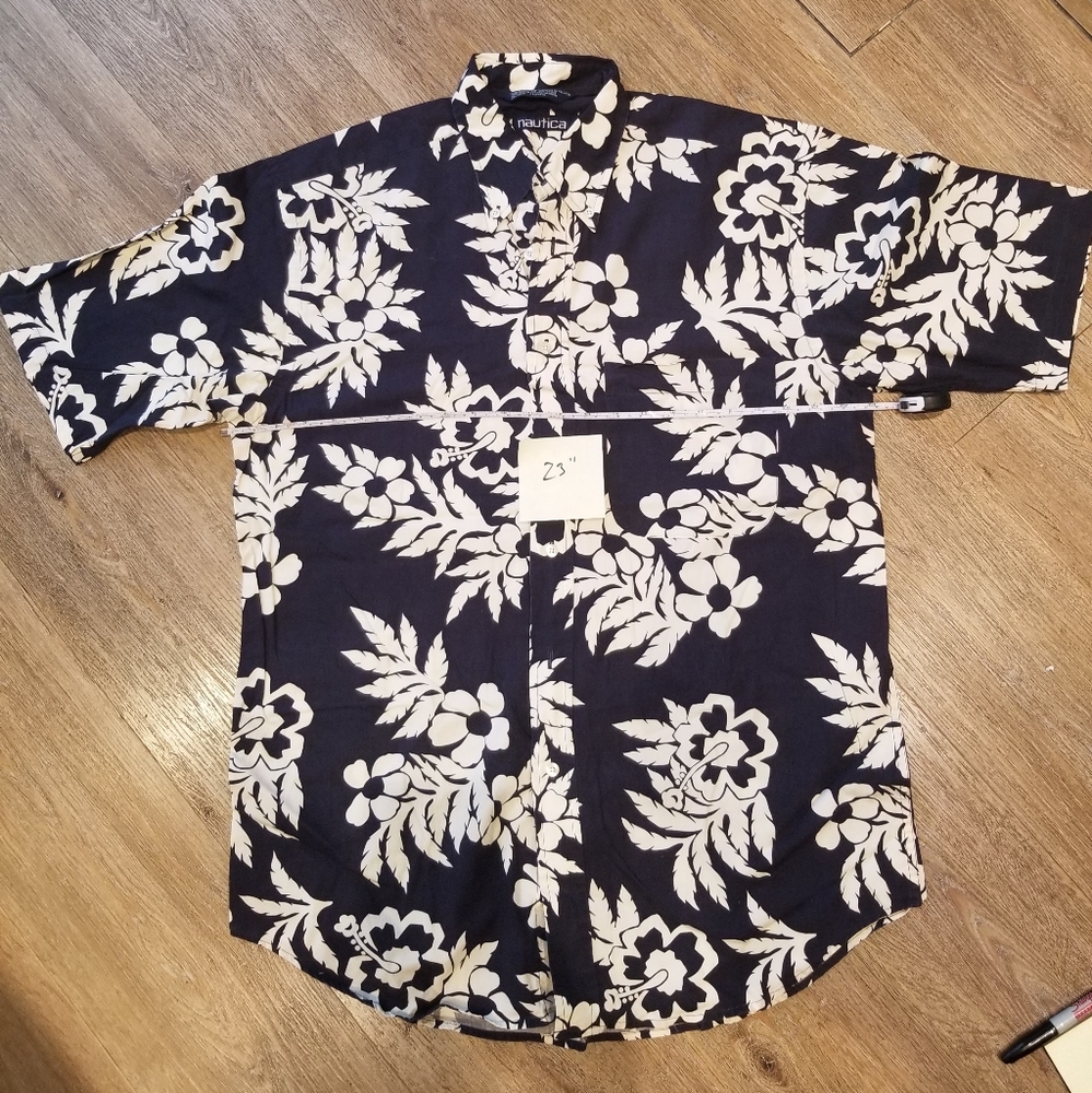 Nautica Navy and White Floral Button-Down Shirt - Short Sleeve